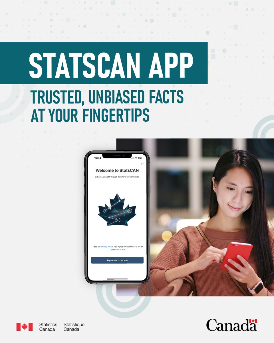 StatCan_eng's tweet photo. Trusted, unbiased facts at your fingertips: The #StatsCANApp is available for free on all mobile devices and is the easiest way to access the latest Canadian data on the go! https://t.co/kAGhaqLujA https://t.co/39g1b021gH