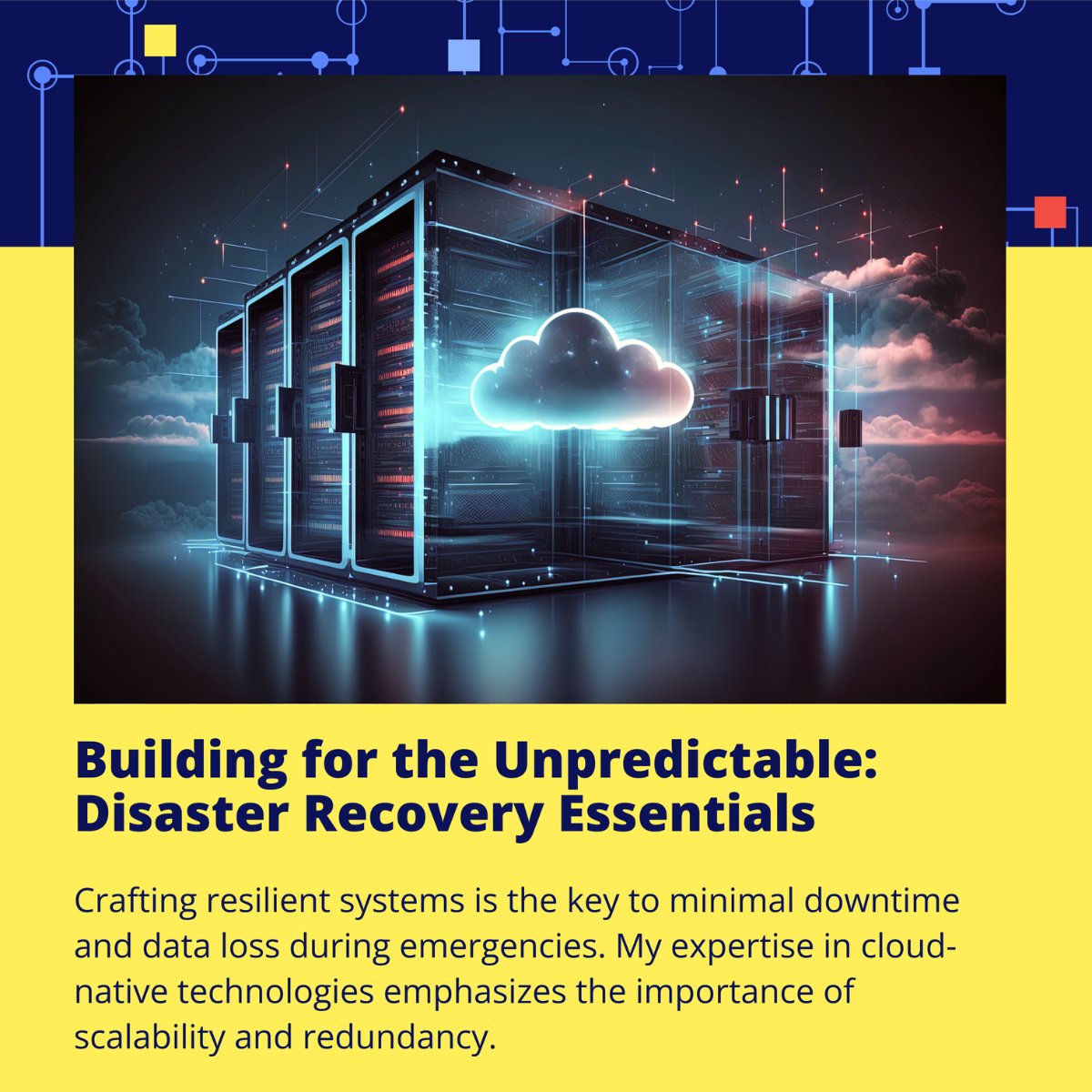 Critical: Disaster recovery for mission-critical apps. The challenge is resilient systems that withstand unforeseen events. My cloud-native expertise stresses scalable, redundant systems for minimal downtime and data loss in emergencies. ☁️💪 #DisasterRecovery #CloudResilience'