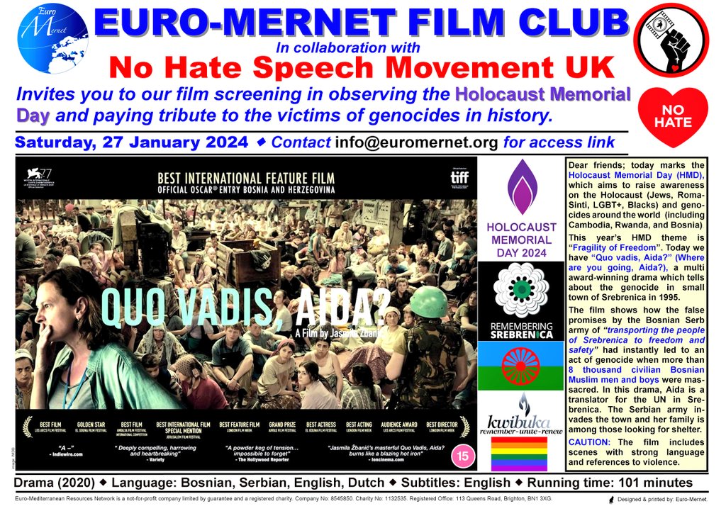 To mark the #HolocaustMemorialDay, at #EuroMernet film club, today we have a multi award-winning drama about the genocide in #Srebrenica in 1995. 🙏😢🕯🙏 Screening until next Friday. #HMD2024 #HMD #Love, #peace, and #solidarity ❤️ 🕊 ✊️