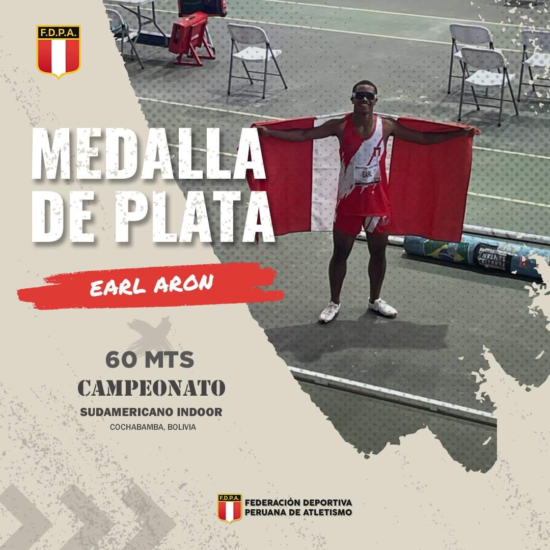 FEDEPEATLE's tweet photo. #SudamericanoIndoor | Aron conquista el segundo lugar en la prueba de 60m planos en el marco del Sudamericano Indoor realizado en Chochabamba, Bolivia. Con un tiempo de 06.76 Aron le otorga la segunda presea al #Perú, esta vez de plata.

@AtleSudamerica @ipdperu https://t.co/oUq0qlm2Xd
