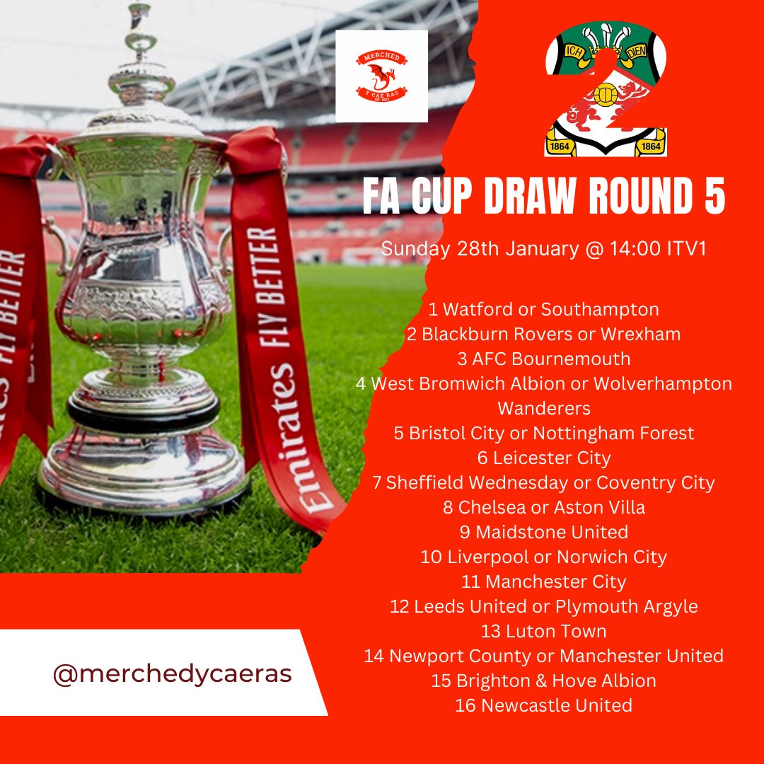 FA Cup Draw | Round 5
With the draw taking place tomorrow we’ll already know our opponents should we get the win on Monday! 

2 𝖎𝖘 𝖙𝖍𝖊 𝖒𝖆𝖌𝖎𝖈 𝖓𝖚𝖒𝖇𝖊𝖗

#WxmAFC #MYCR