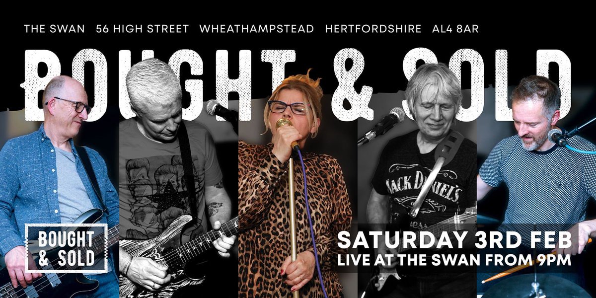 Make sure you get yourself down to the <a href="/SwanWheato/">Swan Wheathampstead</a> on Saturday 3rd February to watch #BoughtAndSold

Live music. Drinks. Dancing!
🎶🍺🕺💃🪩💃🕺🍺🎶

🍺 The Swan
🗓️ Saturday 3rd February 
⏰ 21:00 - 23:00
🎵 Bought &amp; Sold

See you there 🙌

#LoveMusic #LiveMusic #LiveBand