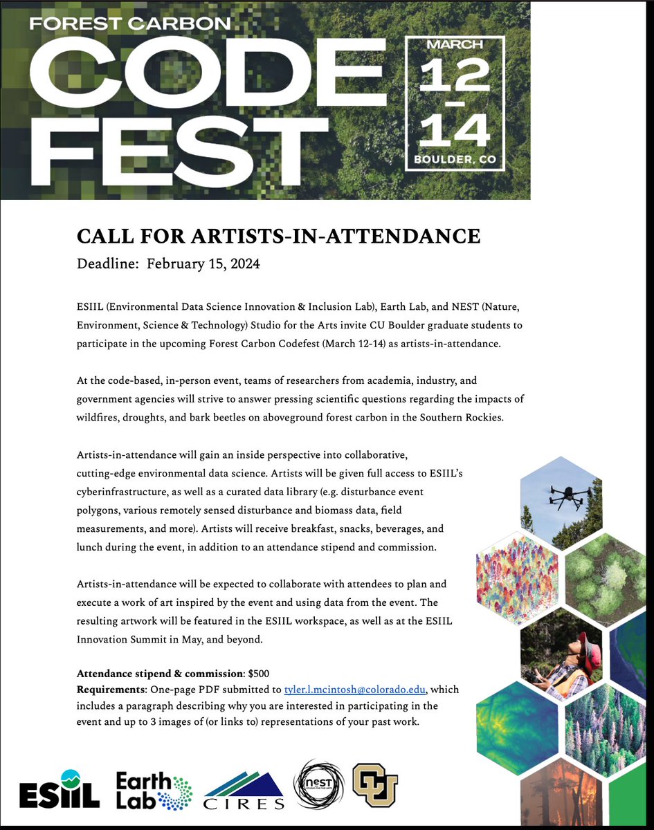 Call for CU Boulder Graduate students to participate in the upcoming Forest Carbon Codefest (March 12-14) as artists-in-attendance. $500 commission! Read below for info on how to apply. @nestcuboulder @CU_ESIIL @EarthLabCU