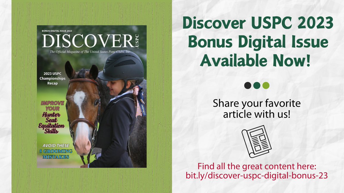 Check out the latest issue of Discover USPC magazine. This digital bonus issue is only available online. Inside, find helpful tips and see what exciting things Pony Club is up to! Read the issue here: bit.ly/discover-uspc-…
#uspc #usponyclubs #magazine #horsesports #discoveruspc