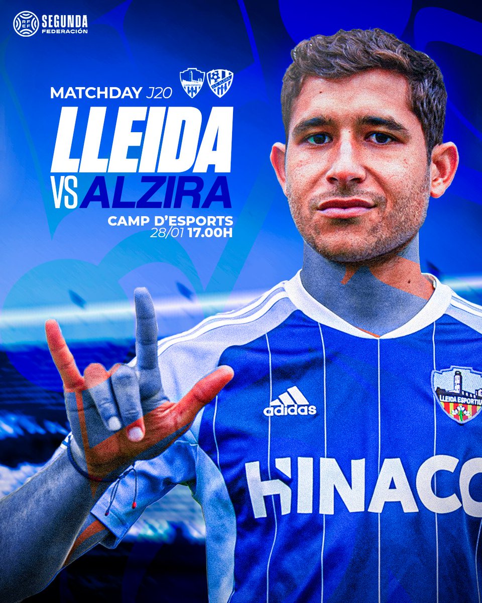 LleidaCF's tweet photo. MATCHDAY ⚔️| 🤟🏼💙️

🏆 SEGUNDA RFEF (Jornada 20)
🆚 @UDAlzira 
🏟️ Camp d’Esports
🗓️ Diumenge 28/01
⌚️ 17.00H
📺 @FootballClub https://t.co/S9d4VPj66p