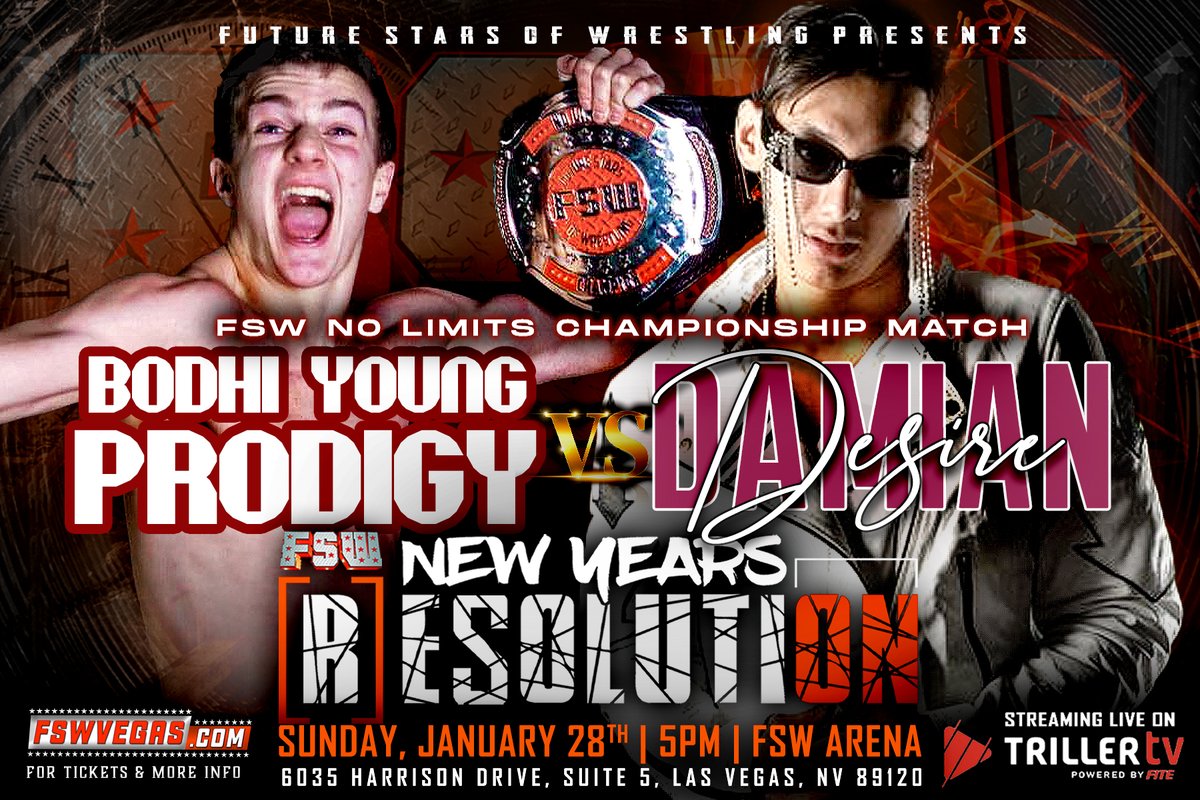 TOMORROW NIGHT! FSW New Year's Resolution streams LIVE from #LasVegas at 5p/8e on @FiteTV+! 𝙉𝙤 𝙇𝙞𝙢𝙞𝙩𝙨 𝘾𝙝𝙖𝙢𝙥𝙞𝙤𝙣𝙨𝙝𝙞𝙥 𝙈𝙖𝙩𝙘𝙝 @Bodhi_BYP VS @DamianDesire45 Ticket link in the bio!