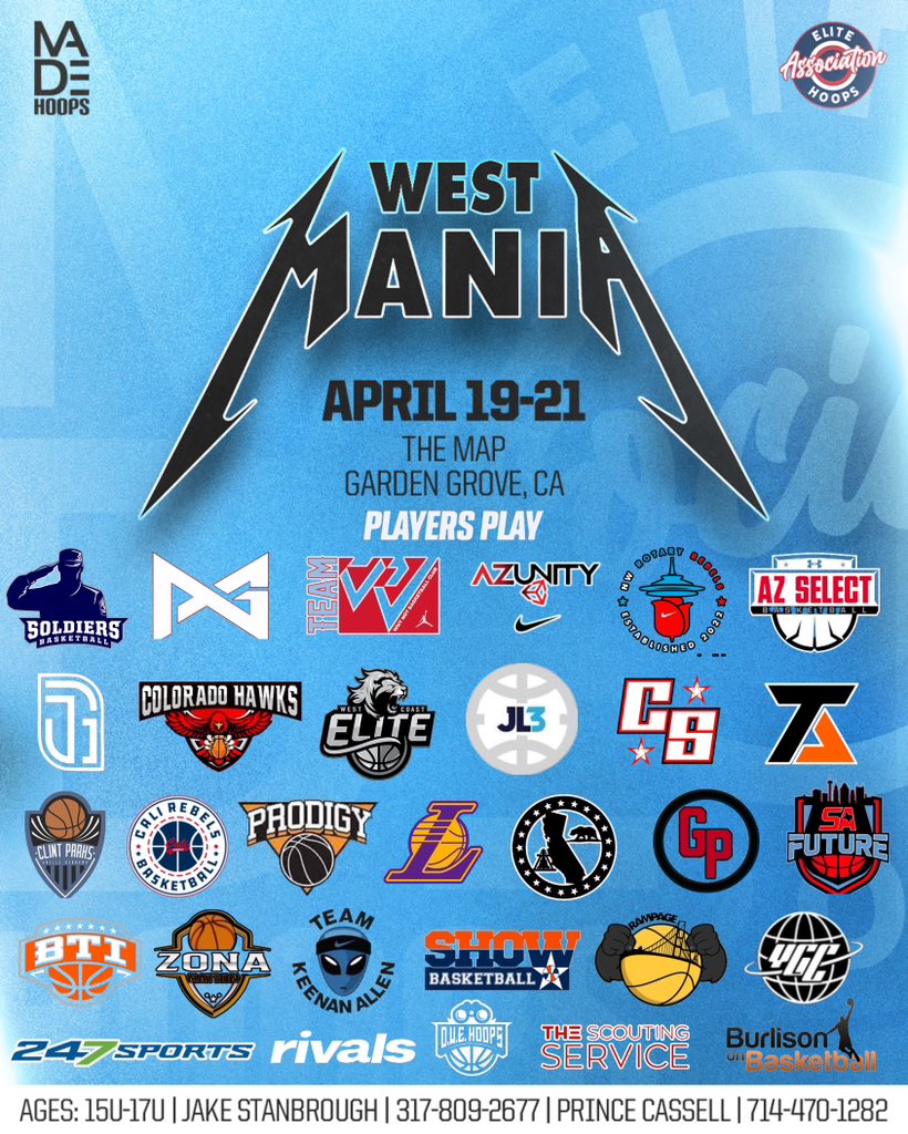 Julius V. (@juliusvelite0) on Twitter photo It’s official! On April 19-21 West Mania will be the hottest event we’ve seen in LA in a long time! National scouts & big media outlets will be in attendance. No ducking! High level teams from every shoe circuit as well as the independents. MATCH UPS!!!! <a href="/EHACircuit/">EHACircuit</a> x <a href="/madehoops/">MADE Hoops</a> It’s official! On April 19-21 West Mania will be the hottest event we’ve seen in LA in a long time! National scouts & big media outlets will be in attendance. No ducking! High level teams from every shoe circuit as well as the independents. MATCH UPS!!!! <a href="/EHACircuit/">EHACircuit</a> x <a href="/madehoops/">MADE Hoops</a>
