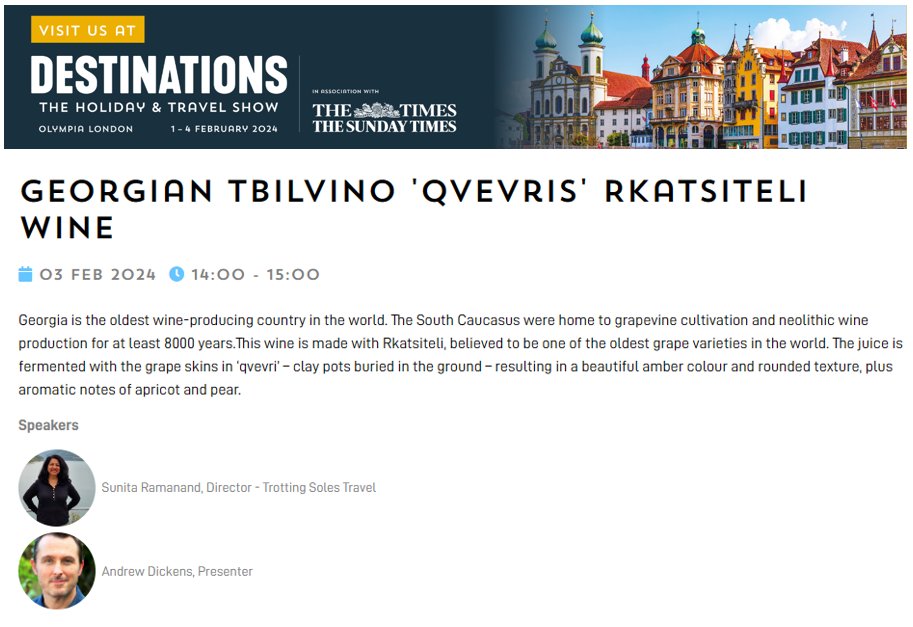 TrottingSoles's tweet image. Learn more about the #wine , #cuisine, #history and #culture  of Georgia. And all the other destinations we offer. Join us on Saturday, 3rd February at 2 pm on Taste The World Stage.
Or meet us at Stand No AP74 at @DestinationShow   from 1-4 February 2024.