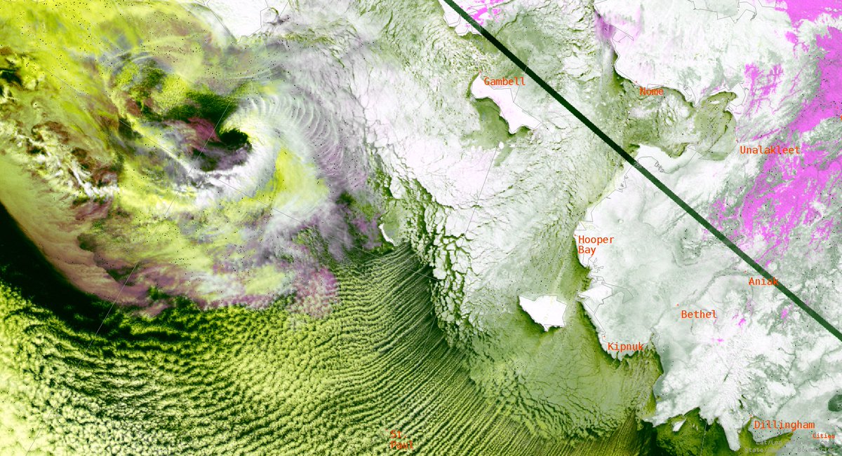 😍Check out this stunning example of a #polar #low forming along the ice edge, behind the arctic front. These lows are classified based on how they form. But they tend to be small (mesoscale), but can be very strong. #akwx @uafgina
