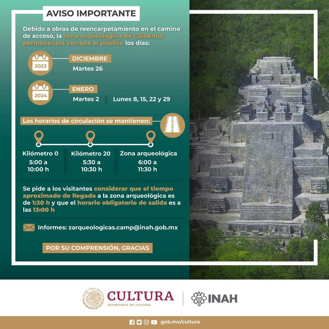 INAHmx's tweet photo. #NoOlvidesQue☝️👷
⚠️Por obras de reencarpetamiento en el camino al acceso a la Zona Arqueológica de Calakmul, desde el 18 de diciembre de 2023 iniciaron cierres y estos continarán hasta nuevo aviso. ⚠️
📅Lunes, 29 de enero de 2024. https://t.co/DUyIgge7TA
