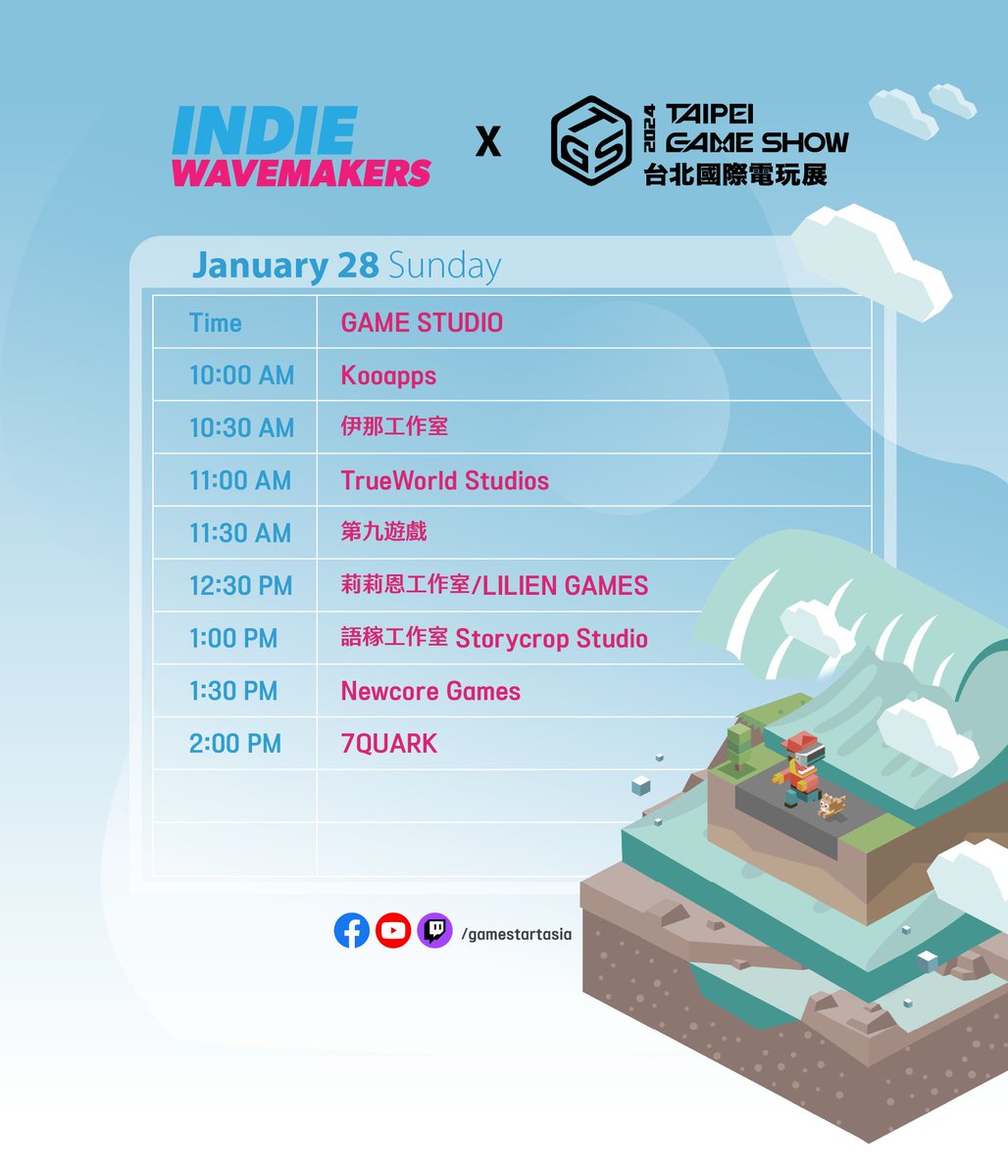 It's the final day of this year's <a href="/TaipeiGameShow/">Taipei Game Show</a>! Here's the lineup of game studios set to take center stage in today's live stream. Tune in for some exceptional indie games showcase! 

🔵 facebook.com/gamestartasia
🔴 youtube.com/gamestartasia
🟣 twitch.tv/gamestartasia