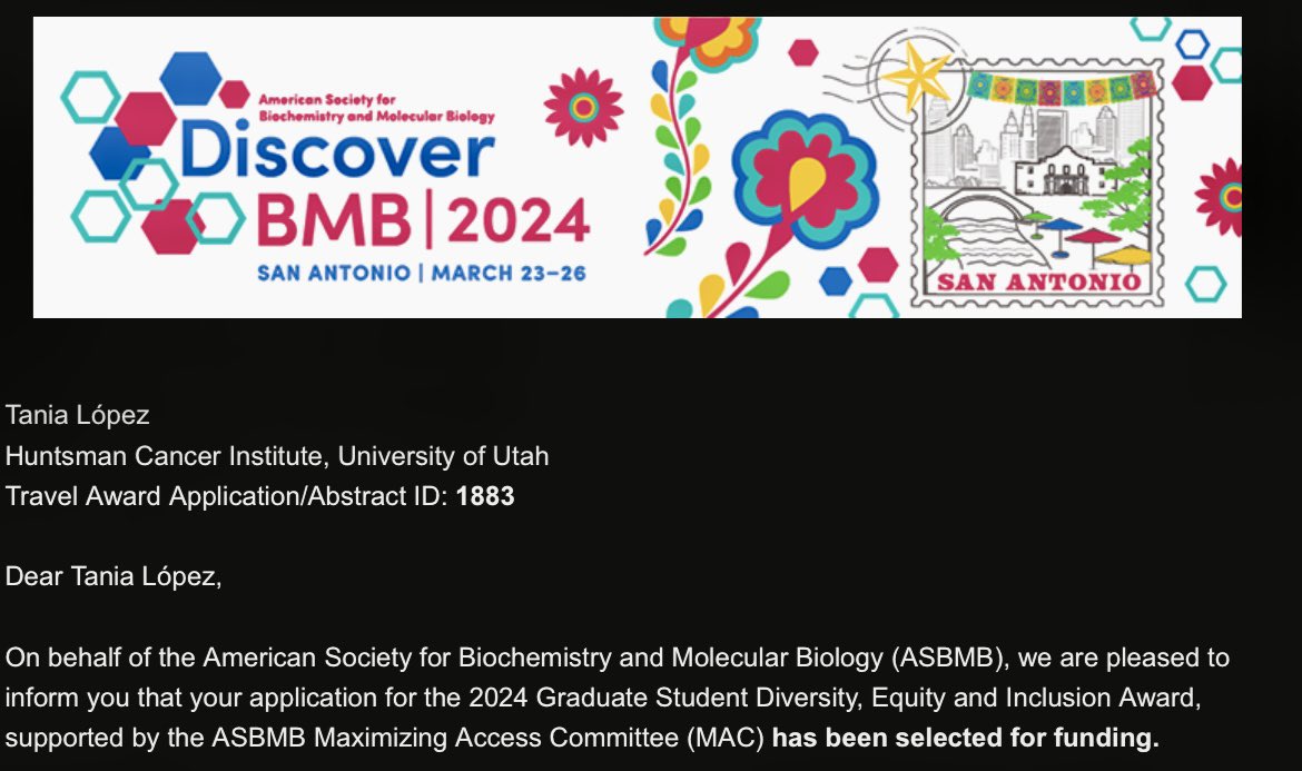 I would like to thank <a href="/ASBMB/">ASBMB</a> for this travel award to attend #DiscoverBMB 2024. I’m so excited to present part of my research project and see what other “cool science” is happening out there! #CancerResearch #HCI #AndersenLab #LatinasInScience #MexicanasInScience 🇲🇽🇱🇷