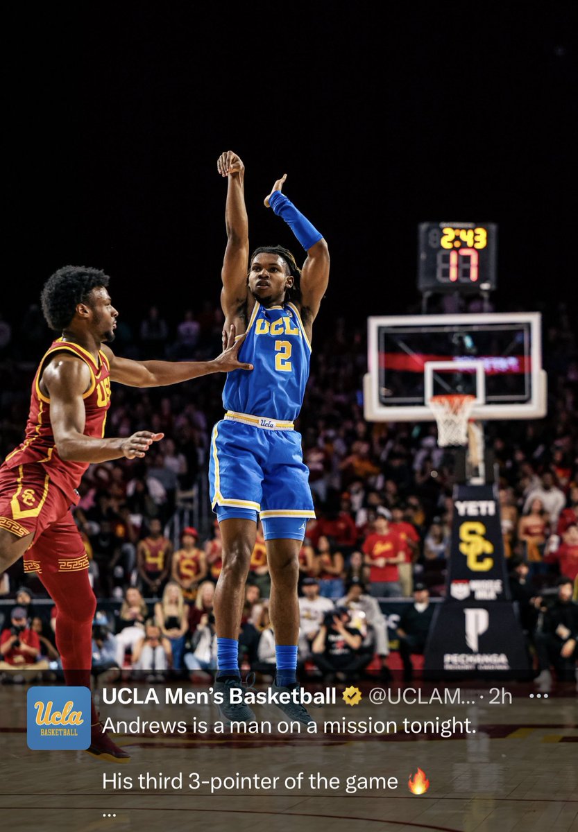 Dylan Andrews <a href="/UCLAMBB/">UCLA Men’s Basketball</a> drops 20pts (7-15FG, 3-6 3PT) and 4ast in the Road Win at USC <a href="/dylan_andrews4/">Dylan Andrews</a> 💙