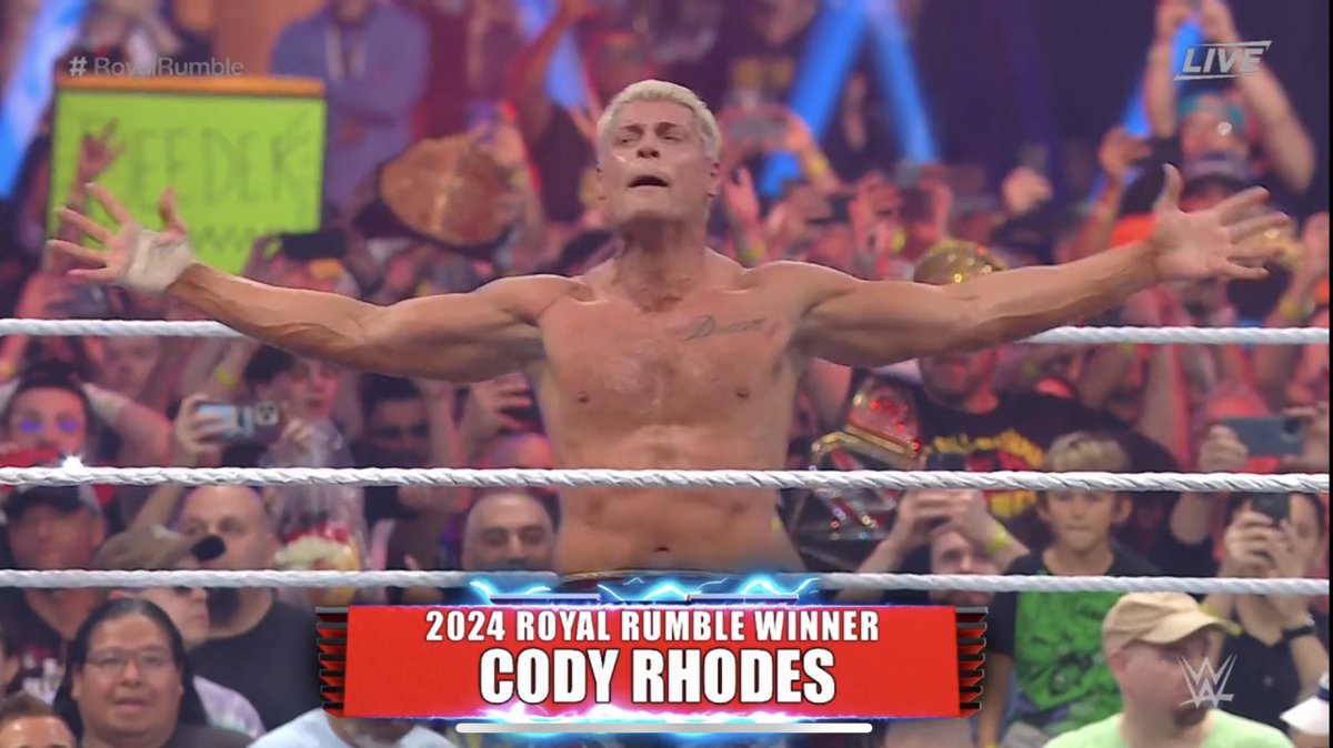 Falbak_'s tweet photo. Cody Rhodes vuelve a ganar la batalla real y ya parece que definitivamente terminara su historia de una vez por todas en Wrestlemania 40 destronando al jefe tribal

Yo sigo bancando a la pesadilla americana pero este sobrebookeo puede poner a la gente en su contra

 #RoyalRumble https://t.co/rOsnKkMSlF