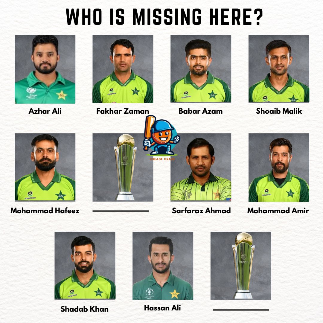 Let's see how many of you remember the missing player from Pakistan's playing XI in the ICC Champion Trophy 2017 final.

#AzharAli #FakharZaman #BabarAzam𓃵 #BabarAzam #ShoaibMalik #MohammadHafeez #sarfarazahmed #MohammadAmir #HassanAli #ShadabKhan #PakistanCricket…