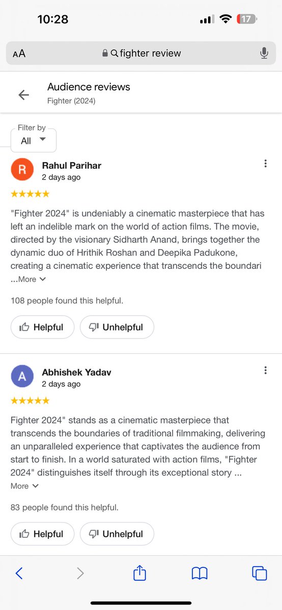 bhriganshu's tweet photo. @iHrithik’s new movie Fighter buying Google reviews on day one!! Same texts in every 5 star review written 😂 #FighterMovie #FighterReview #Bollywood https://t.co/EChpuM8JQJ