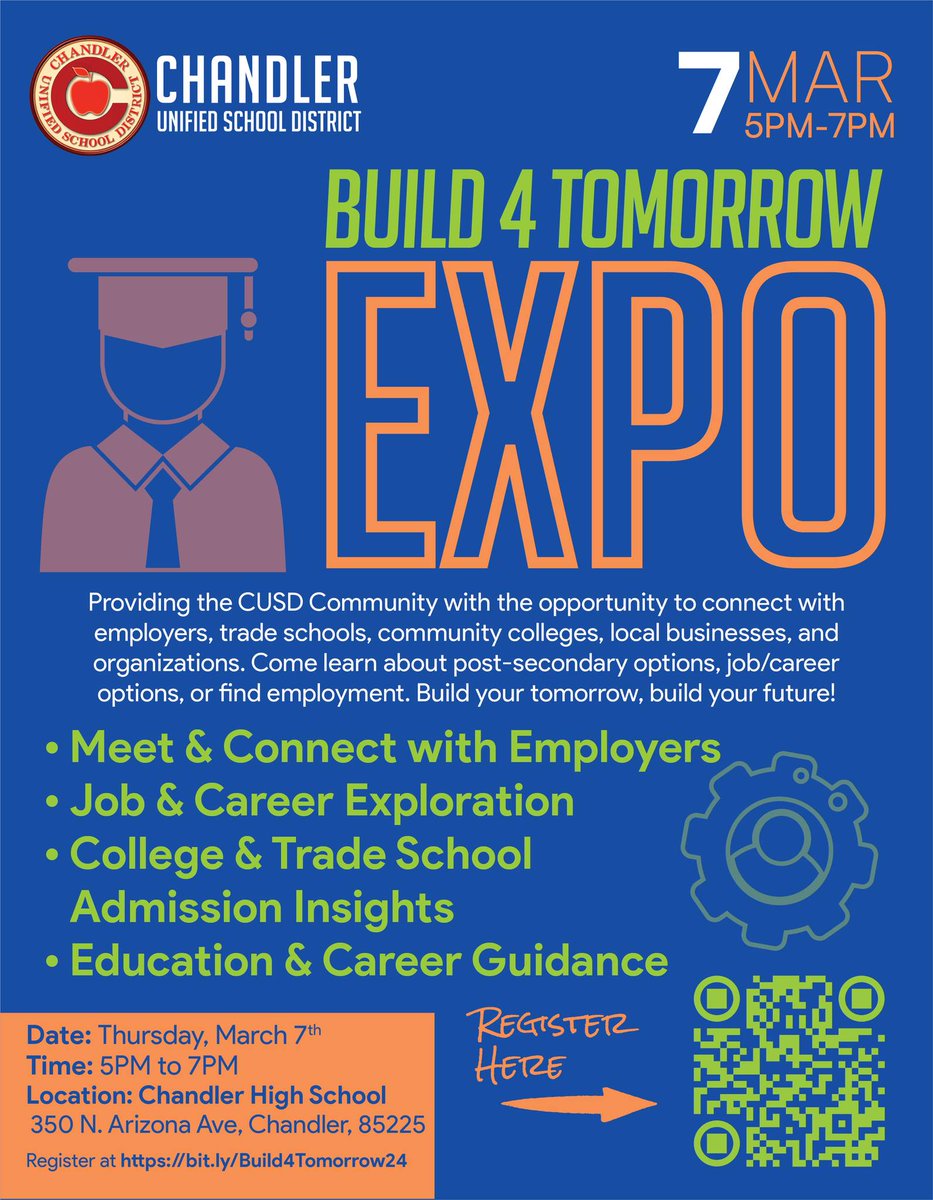 Connect with employers, discover post-secondary options beyond colleges, & receive personal guidance at CUSD's Build 4 Tomorrow Expo! 🗓️ Thursday, March 7 🕔 5-7 p.m. 📍 Chandler High School at 350 N. Arizona Ave, Chandler, AZ, 85225 More info 👉 bit.ly/Build4Tomorrow…