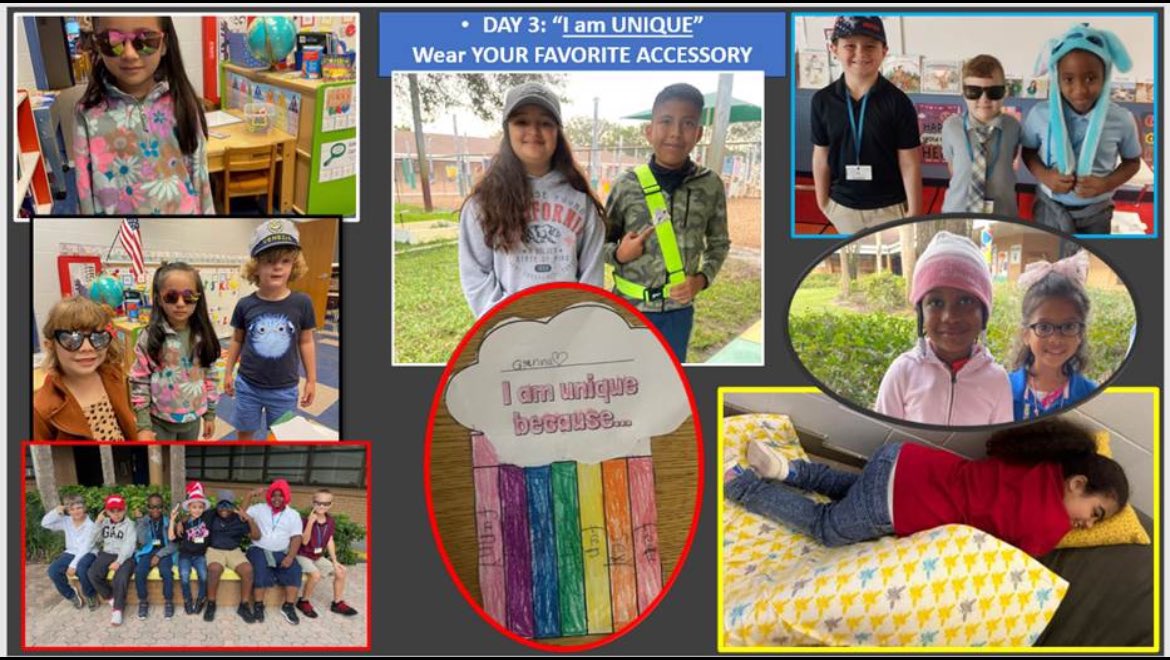 Celebrate Literacy Week!
Believe in YOUR “Shelf”📚
Day 3: “I am UNIQUE” Wear YOUR FAVORITE ACCESSORY
And Choice Board Writing Activity: Make a Unique Rainbow About Yourself!🌈<a href="/LelyLionsRoar/">Lely Elementary</a> <a href="/AmyDani40893214/">Amy Daniels</a>