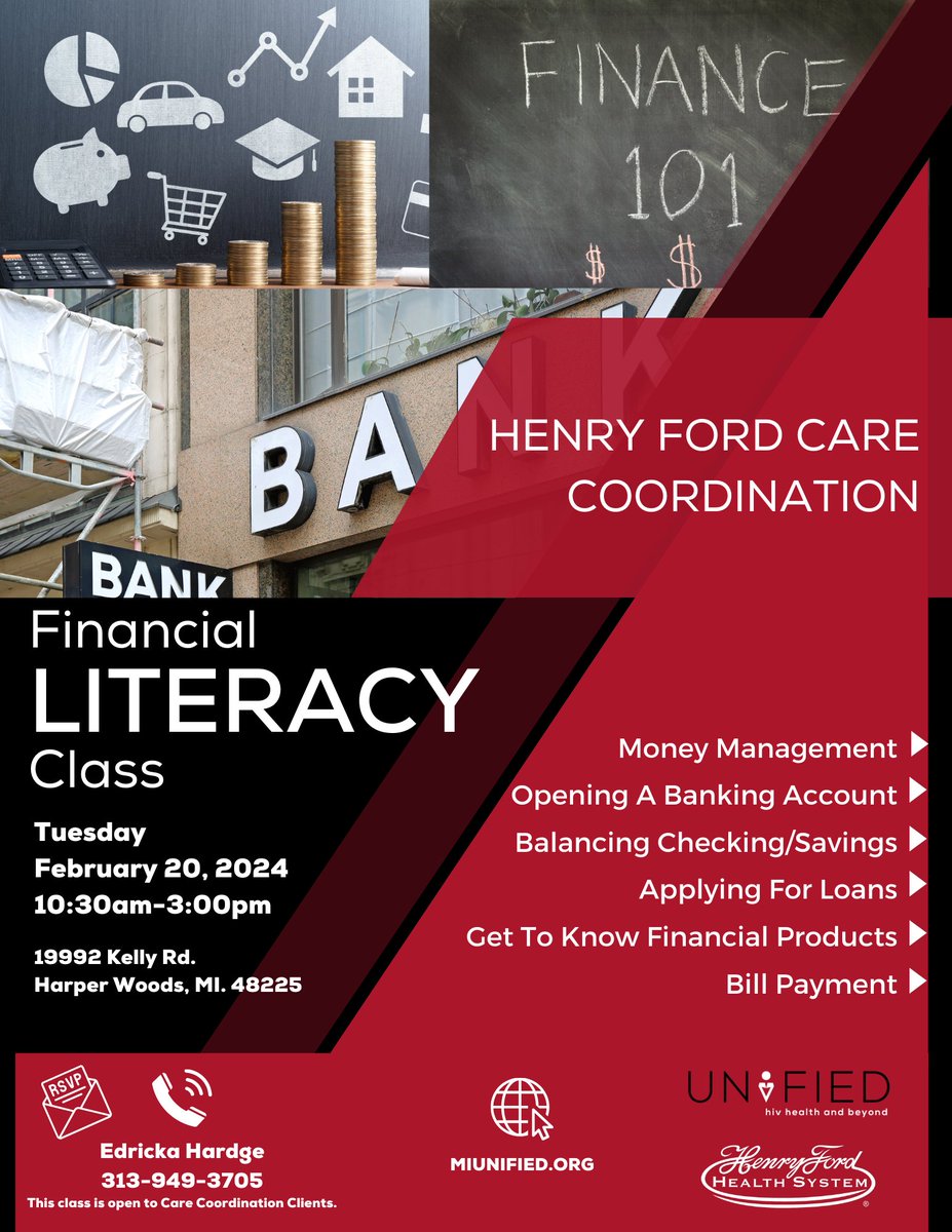 Join UNIFIED's Henry Ford Care Coordination program for an upcoming Financial Literacy Class. Learn more about money management, navigating the banking system, financial products and programs and more.
#Money #Finance #nonprofit #education #workshop