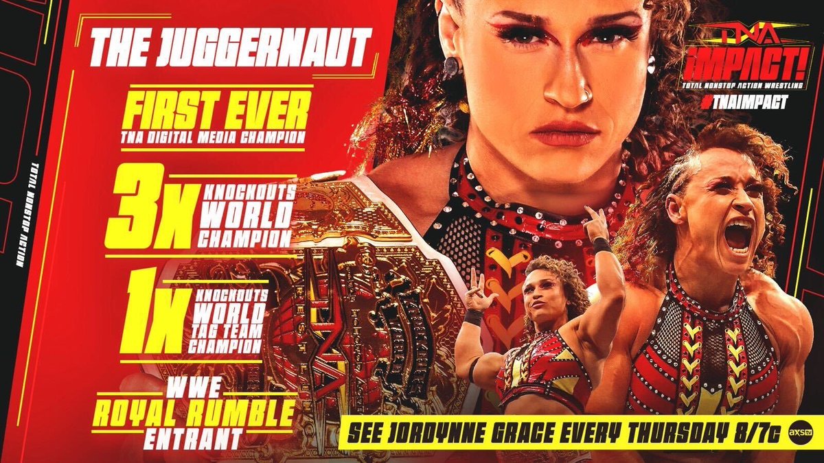 TNA Wrestling (@thisistna) on Twitter photo A huge congratulations to <a href="/JordynneGrace/">Jordynne Grace</a> on making history once again and entering the #RoyalRumble.
See the Knockouts World Champion every Thursday at 8/7c on AXS TV, or in person at our upcoming events in New Orleans, Windsor and Philadelphia. Tickets: tnawrestling.com/events/ A huge congratulations to <a href="/JordynneGrace/">Jordynne Grace</a> on making history once again and entering the #RoyalRumble.
See the Knockouts World Champion every Thursday at 8/7c on AXS TV, or in person at our upcoming events in New Orleans, Windsor and Philadelphia. Tickets: tnawrestling.com/events/
