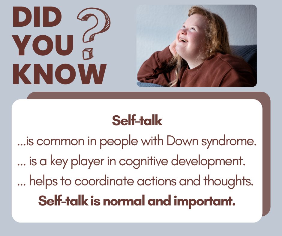 📣Self-talk is important! Self-talk... ➡ is common in people with Down syndrome ➡ is a key player in cognitive development ➡helps to coordinate actions and thoughts Talk to your doctor if you are concerned about your loved one's self-talk. More info: massgeneral.org/children/down-…