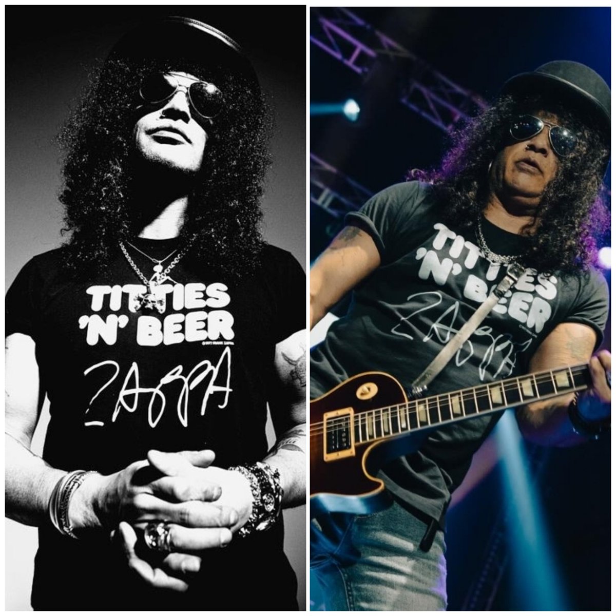 Una vieja conocida salió a visitar en Colombia. 
Foto de la izquierda data del 2012. 

(Me sorprende cuanto cuida su ropa <a href="/Slash/">Slash</a> 😅)