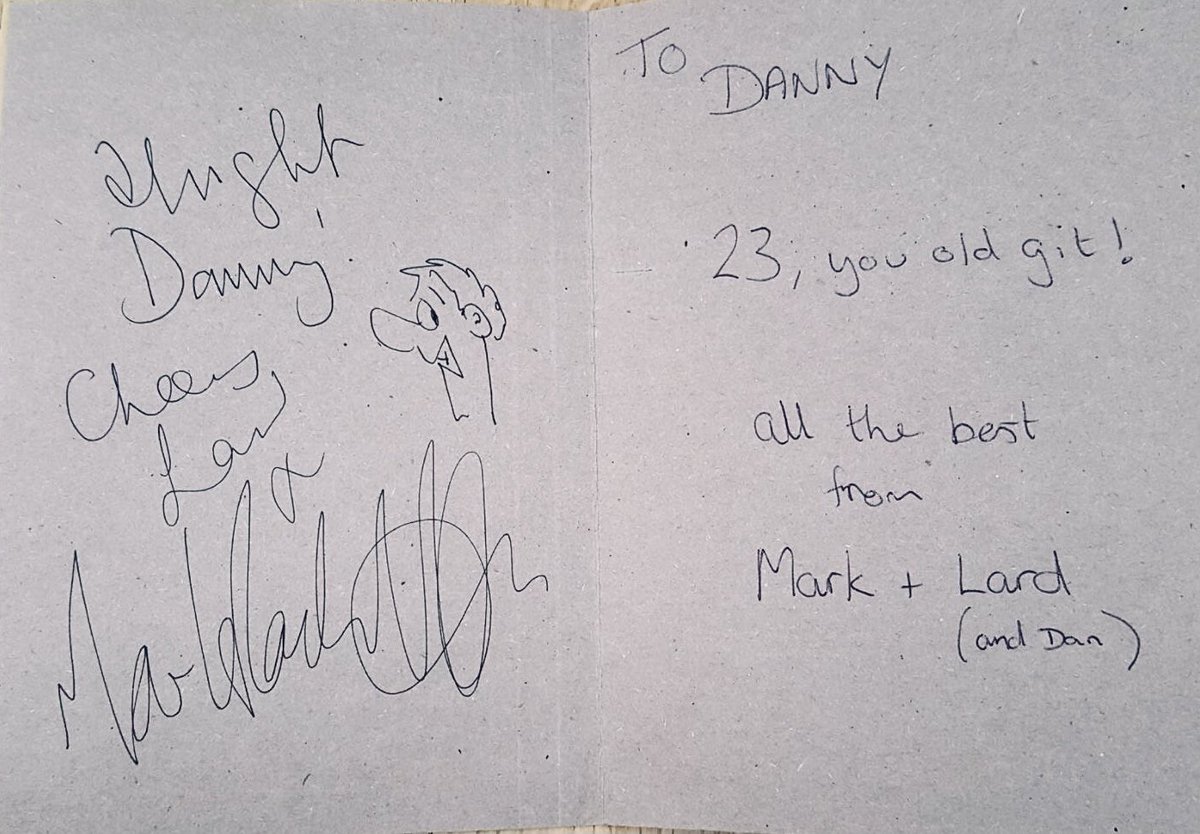 DanCobb76's tweet photo. @themarkrad After hearing this amazing news it instantly brought back the memory of having the pleasure meeting them both before a Shirehorses gig (24yrs ago) in Leeds and they kindly signed the no expense spared card I made for my pal’s birthday! Can’t wait for the livestream 🙌 https://t.co/pCFKQWfrcz