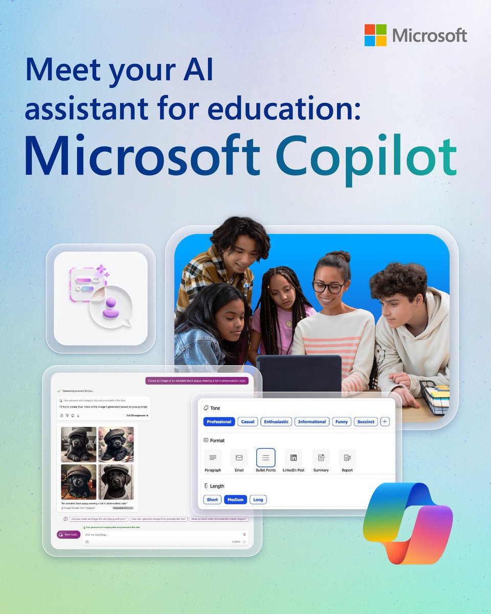 Microsoft Copilot is changing the landscape of generative #AI in education.
 
This free tool helps save time creating lesson plans, brainstorming activities, personalizing learning, and more.
 
Read the blog to get started: msft.it/6019iQ2yR
 
#MicrosoftEDU #mieexpert