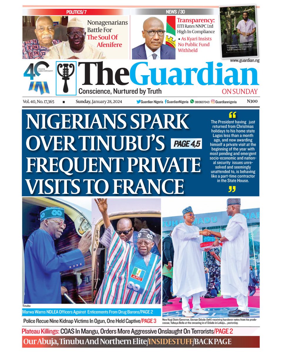 GuardianNigeria's tweet photo. These are the headlines in today’s edition of The Guardian.
Get The Guardian on the newsstands for the latest in world news, sports, and in-depth analysis.
Visit https://t.co/EiKkmggTy3 for more.
#Tinubu #PrivateTrips #France #EITI #NNPC #Afenifere #Marwa #NDLEA #Police #KidnapVictims #COAS #Terrorists #PlateauKillings #BreakingNews #Nigeria #Nigerians