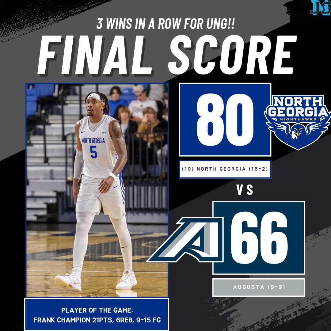 JAYSPORTSNETWO2's tweet image. (10) UNG WINS THEIR 3RD STRAIGHT 😎

Final:
(10) North Georgia 80
Augusta 66

(10) UNG improves to (16-2), and Augusta falls to (9-9) on the season 

Player Of The Game: @Frankchampion0 Frank Champion 21pts, 6reb, 9-15 fg

#jsnd2basketball #d2basketball #collegebasketball