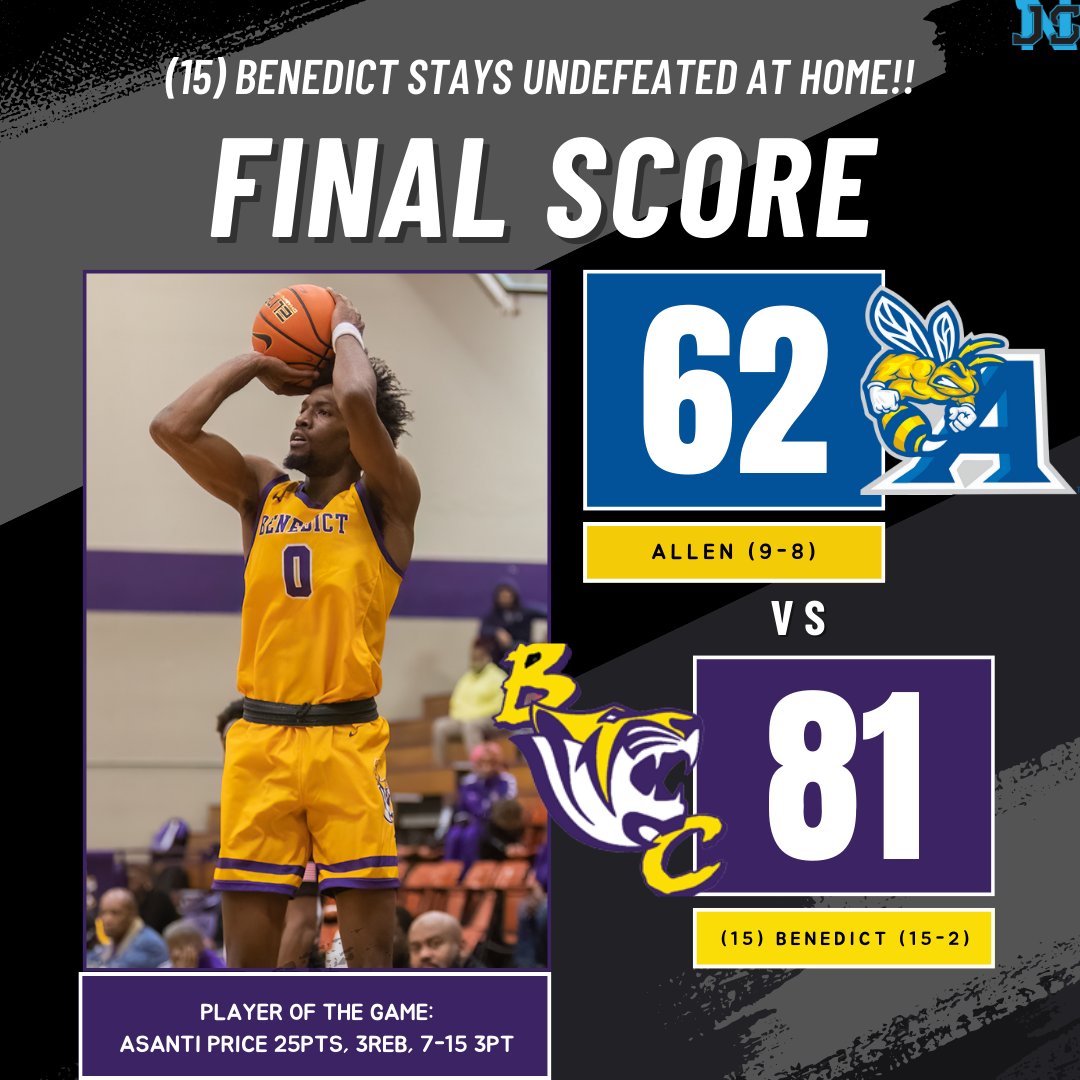JAYSPORTSNETWO2's tweet image. (15) BENEDICT STAYS UNDEFEATED AT HOME 🏡 

Final:
Allen 62
(15) Benedict 81

Allen falls to (9-8), and Benedict improves to (15-2) on the season

Player Of The Game: @asanti_price Asanti Price 25pts, 3reb, 7-15 3pt

#jsnd2basketball #d2basketball #benedictcollege
