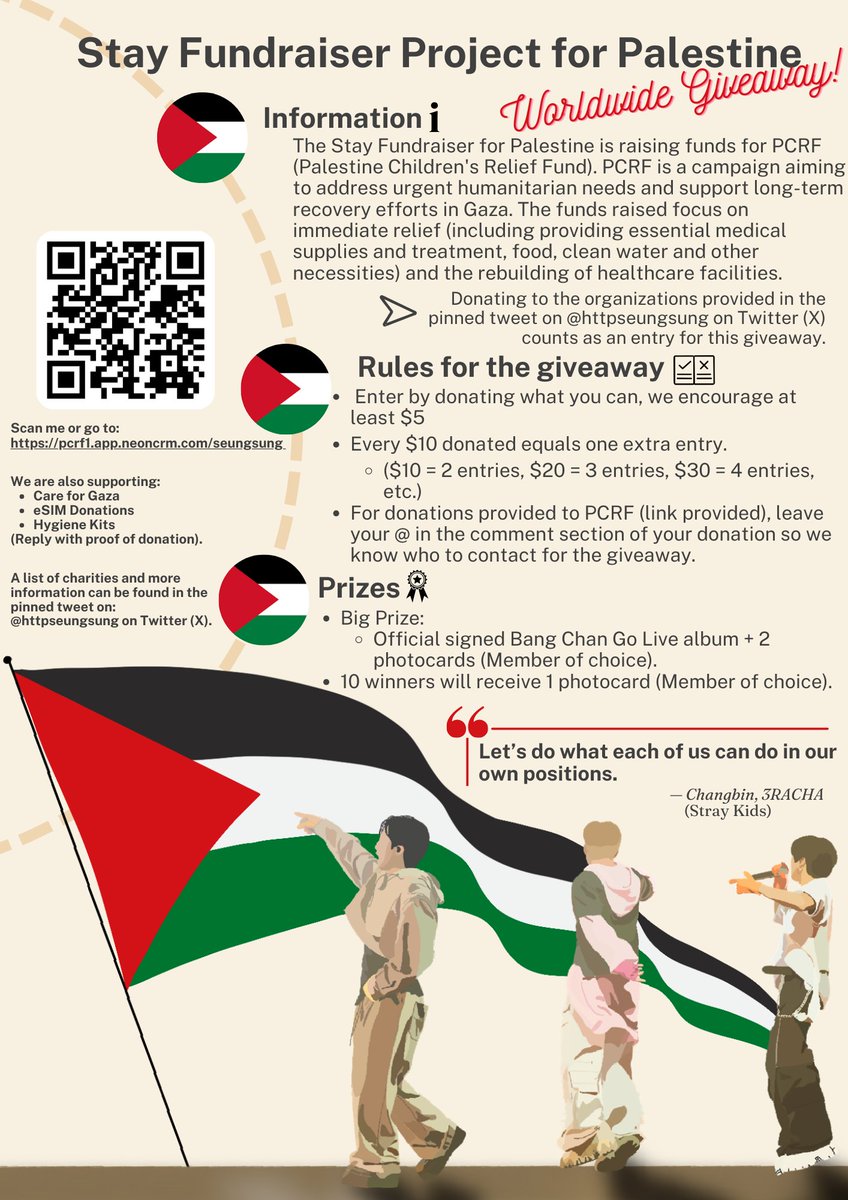 httpseungsung's tweet image. Hello Stays 🫒 We now have a flyer for our fundraiser

-- In the first 24 hours we have raised $375 for PCRF 

Please feel free to spread this infographic so more stays can learn about this project, and together we can keep raising money in support of Palestine.