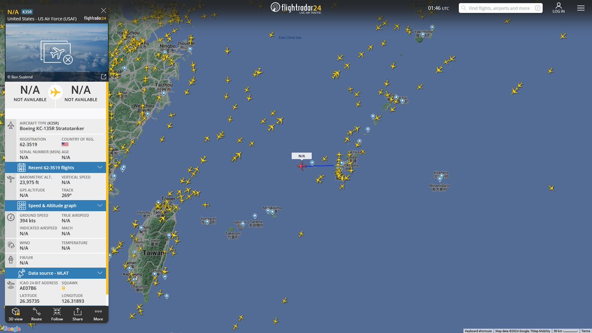 AIYeyENGDdJkjTr's tweet photo. Jan. 28, 2024
#Okinawa Kadena Air Base #Miyako Strait
#NoCALLSIGN #AE67E4 USN P-8A Poseidon
#NoCALLSIGN #AE07B6 USAF KC-135R Stratotanker https://t.co/p8bLvYiA2V