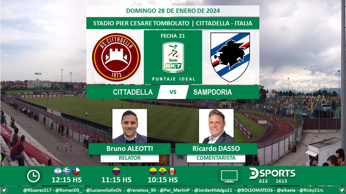 ⚽ #SerieB 🇮🇹 | #Cittadella vs. #Sampdoria
🎙 Relator: @brualeotti
🎙 Comentarista: @ricardodasso 
📺 @DSports + (613-1613) Sudamérica
💻📱 @DGO_Latam
🤳 #FutbolEnDSPORTS - #SerieBKT 
Dale RT 🔃