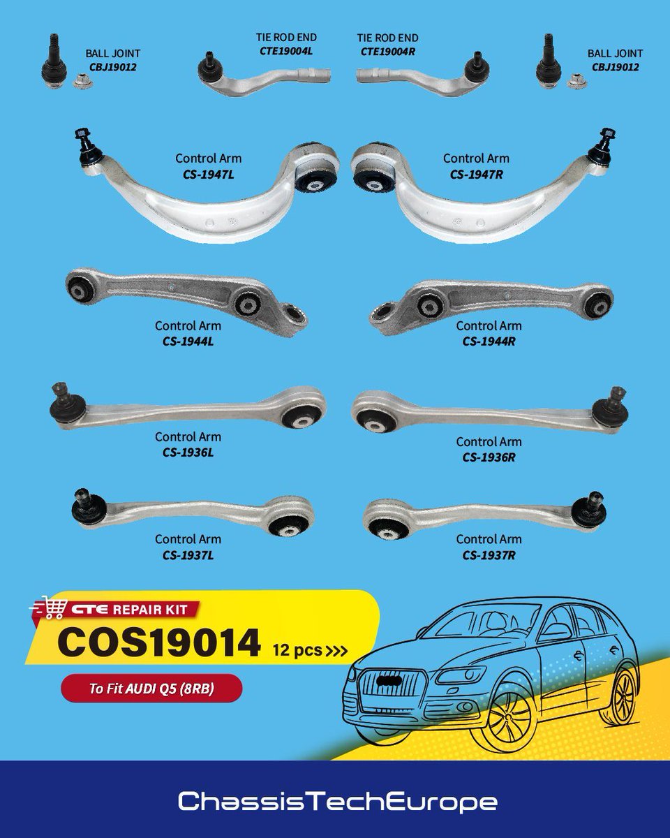CteEurope's tweet photo. Chassis Tech Selected
Repair Kit π COS19014
To Fit π AUDI Q5 (8RB)
πMoreπ https://t.co/Ue87o8w3CV
#CTEselected #Chassis #Autoparts #Controlarm #Rubberbushing #Tierodend #Stabilizerlink #Rackend #repairkit #AUDI #Q5 https://t.co/UQvQ77sOqn