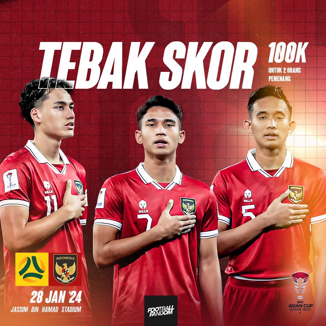 [KUIS TEBAK SKOR]

Australia vs Indonesia 

🗓 28/1/24
🕓 Kick off 18:30 WIB

Syarat:
1. Follow akun @fandomID_
2. RT dan like twit ini
3. Cth reply: Australia 0-3 Indonesia
4. Kuis ditutup saat kick off

Hadiah 100k untuk 2 orang

#timnasday #PialaAsia2023