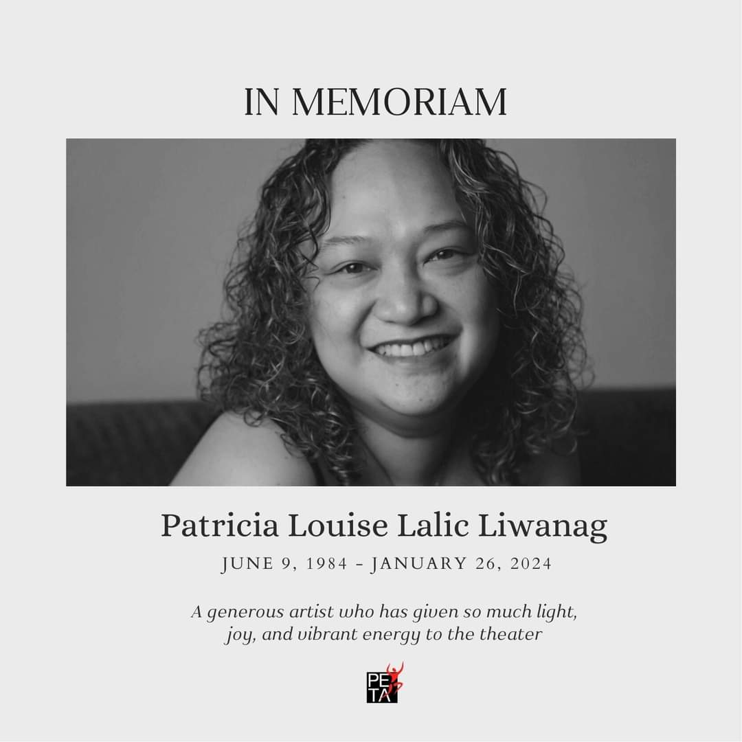 Taos-pusong pakikiramay ang iniiaabot namin sa pamilya at mga kaibigan ni Ms. Pat Liwanag, isang mahusay na PETA artist-teacher at stage manager ng Rak of Aegis.

Maligayang paglalakbay, Pat. Maraming salamat at hanggang sa muli. ❤️