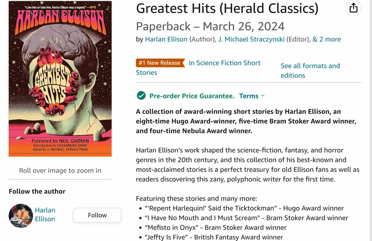 straczynski's tweet photo. HARLAN ELLISON'S GREATEST HITS is the #1 New Release in Science Fiction Short Stories!  Includes some of the most consequential works in the the SF genre.  Available (paperback, Ebook, Audiobook) for pre-order now at Amazon, Barnes &amp; Noble, or the online bookstore of your choice https://t.co/YQCHlhtWUD