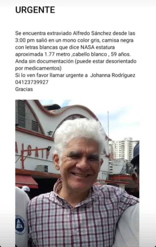 #27Ene #EXTRAVIADO Alfredo Sánchez puede estar desorientado por medicamentos en #Caracas. Si lo ves comunícate urgente al 04123739927