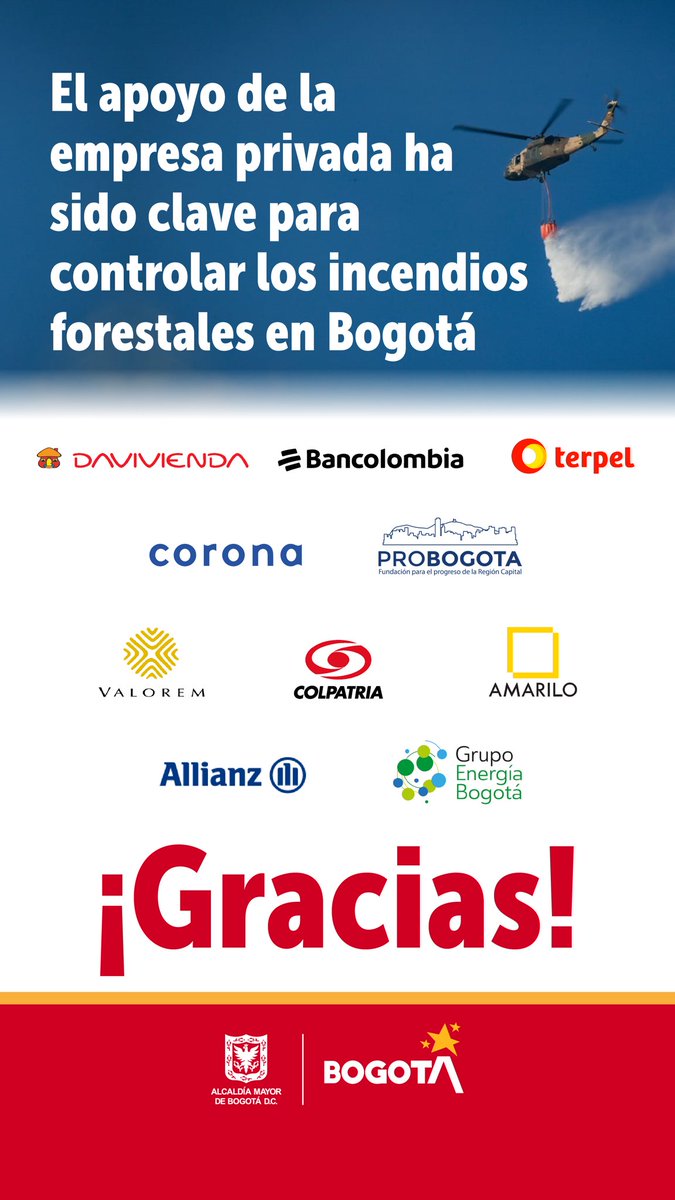 El apoyo de la empresa privada también ha sido clave para la contención de incendios en Bogotá.

Gracias <a href="/Davivienda/">Banco Davivienda</a>, <a href="/GrupoEnergiaBog/">Grupo Energía Bogota | 130 Años</a>, <a href="/AllianzCol/">Allianz Colombia</a>, <a href="/ProbogotaRegion/">Probogotá Región</a>, Organización #Corona, <a href="/Bancolombia/">Bancolombia</a>, @ScotiaColpatria, #Amarilo, #Valorem y <a href="/TerpelCol/">Terpel Colombia</a>, con sus aportes pudimos