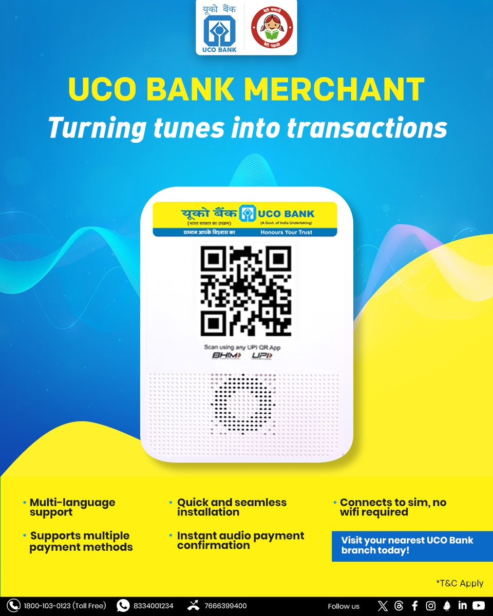 #ElevateYourBusiness

Turn up the volume of financial ease with our UCO Bank Merchant Solution & QR Code #Soundbox. #UCOBank Honours Your Trust #UCOTURNS81 #Payments #UCOSoundBox #BankingReimagined