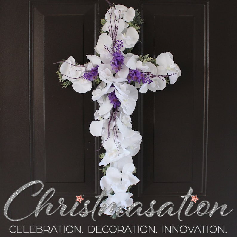 This exquisite one-of-a-kind Floral Cross Wreath with White Orchids and Purple Apple Blossoms is the perfect decorating piece for Easter or any faith-inspired occasion:
etsy.me/3JipOV7 
#crosswreath #doorwreath #easterwreath #eastercrosswreath #whiteorchids #orchidwreath