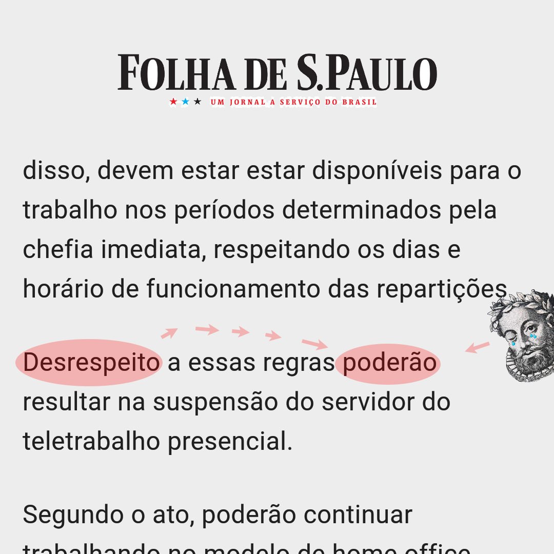 ChoraCamoes's tweet photo. Um acinte, desrespeito acumulado, majestade linguística!

— Sem intrigas, súdito. Mera discordância verbo-nominal, com fixação no terceiro numeral — sentenciou Camões, acostumado.

#folha #folhadesãopaulo #acumulado #desrespeito #tesouronacional #teletrabalho #3primeiros3meses https://t.co/iw9zeM77yl