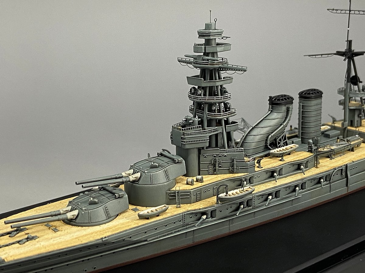 har36600's tweet photo. 戦艦 長門 1927 完成しました。
キットはアオシマ製　1/700 ウォーターライン No.124
純正エッチングが手に入らなかったので艦これキットや汎用エッチングでディテールアップしました。
#アオシマ
#艦船模型 https://t.co/LM6SeCrgea