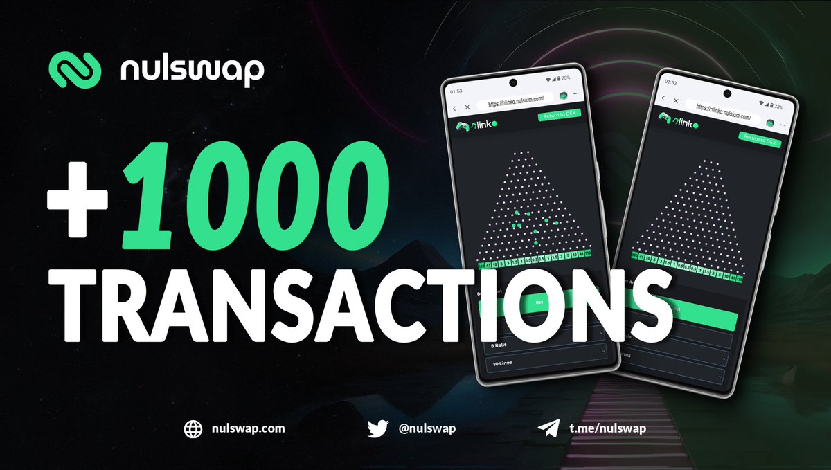 #Nulswap is thrilled to announce that #NLinko has seen over 1,000 transactions in the past 24 hours! This is a testament to the excitement and demand for our new #gambling product 🔥🔥

We're grateful for the support of our community, and we're committed to providing a fun and