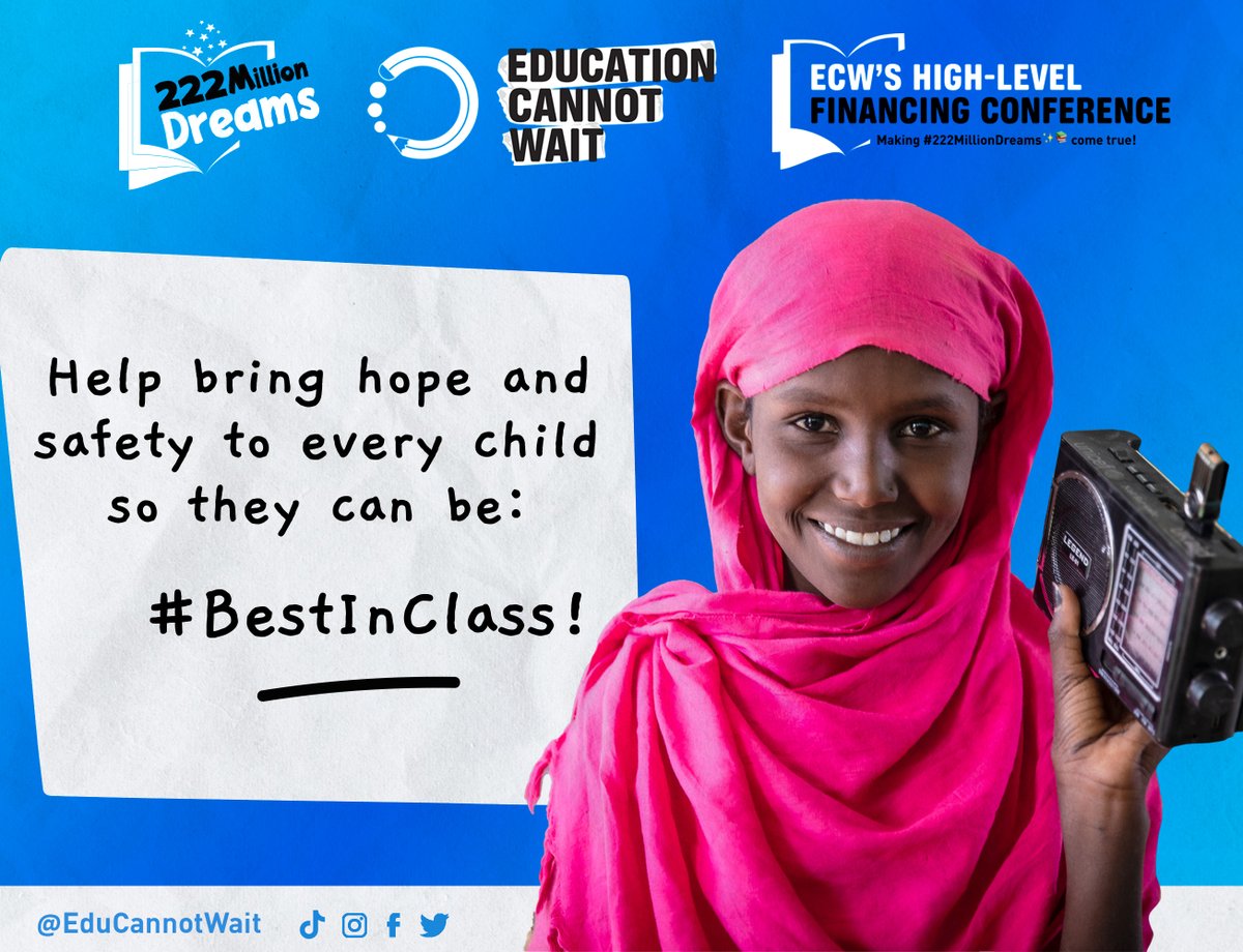 🌟Educating the next generation is essential to our collective future.🌟

Become an advocate for the #222MillionDreams✨📚 of crisis-affected children & adolescents! Help bring hope & safety to every child so they can be #BestInClass!

➡️educationcannotwait.org/donate
@UN @dfat @MFA_Lu
