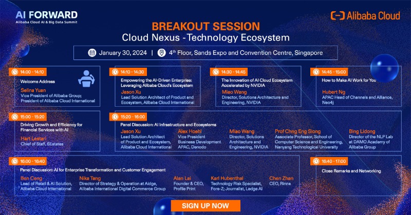 alibaba_cloud's tweet photo. Join the #CloudNexus breakout session at Alibaba Cloud #AIandBigDataSummit2024! Explore the dynamic #TechnologyEcosystem & discover how #AlibabaCloud, with partners, accelerates AI-driven innovation. Save your seat at #AIForward: https://t.co/caRH5VaYv7