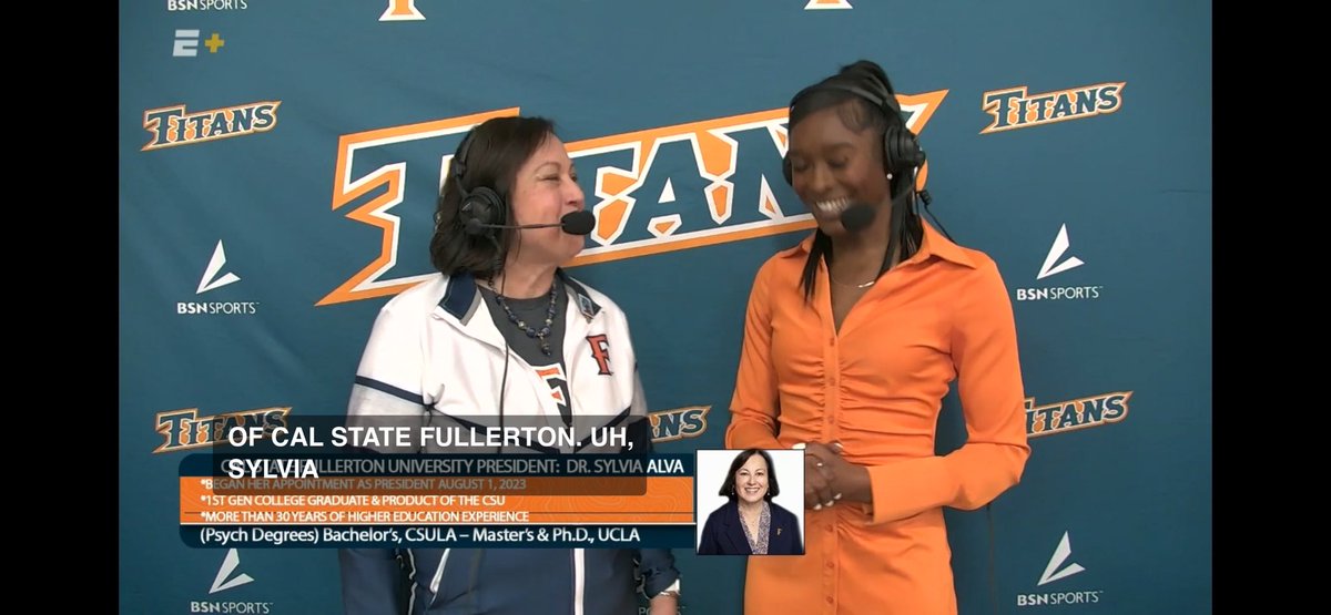 Great job President Sylvia Alva. Way to represent <a href="/csuf/">Cal State Fullerton</a> and all our awesome Titans during the halftime <a href="/ESPNPlus/">ESPN+</a> interview with <a href="/_cgilly/">Carolyn Gill</a>. <a href="/FullertonMBB/">Titans Men's Basketball</a> vs <a href="/CSUB_MBB/">Bakersfield Men's Hoops</a> game. Let’s Go Titans <a href="/FullertonTitans/">Titans Athletics</a> <a href="/TitanSportsN/">Titan Sports Network</a>