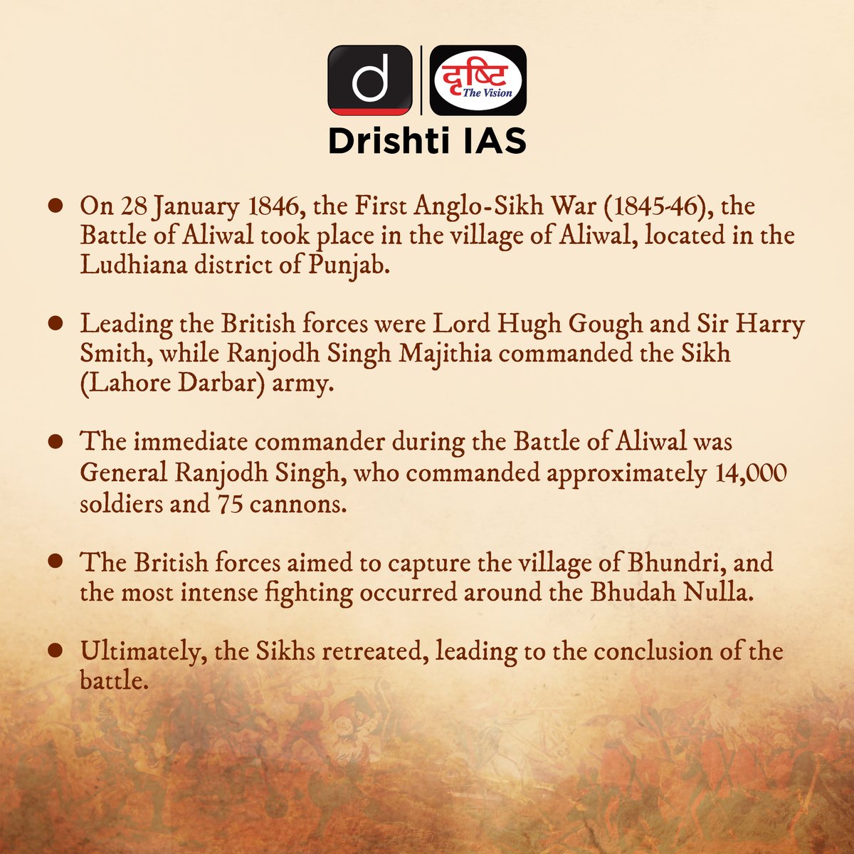 drishtiiaseng's tweet photo. Take a glimpse into the #Past with us by remembering the #Events, #Achievements, and milestones that shaped our nation's #History with #TodayInIndianHistory

#DrishtiGuideToGS #India #Battle #Aliwal #January #IndianHistory #UPSC #UPSC2024 #IAS #CSE #DrishtiIAS #DrishtiIASEnglish https://t.co/lwlqH8Sfkg