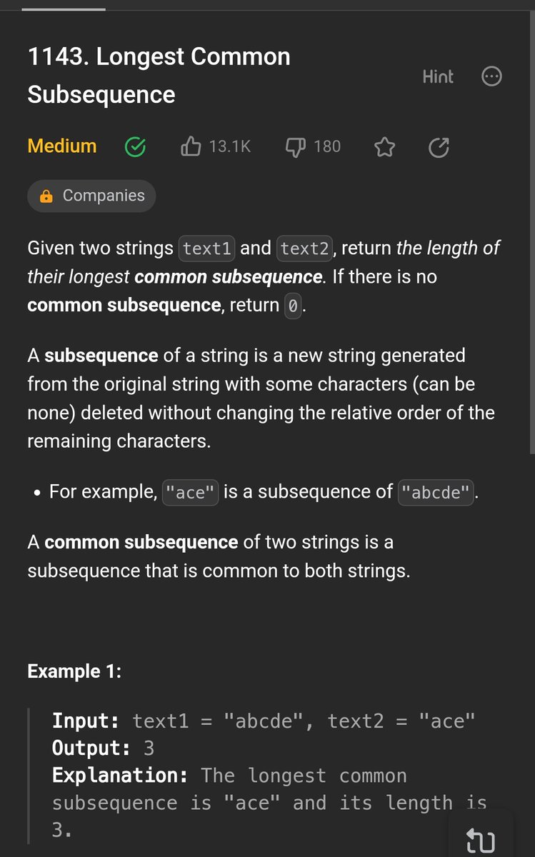 ArpitDa40708266's tweet photo. Day 79
Solved: Longest common subsequence  problem on Leetcode 
#100DaysOfCode #SoftwareEngineering #softwaredevelopment #SoftwareEngineer #webdevelopment #leetcode https://t.co/qd2ZCV3kpZ